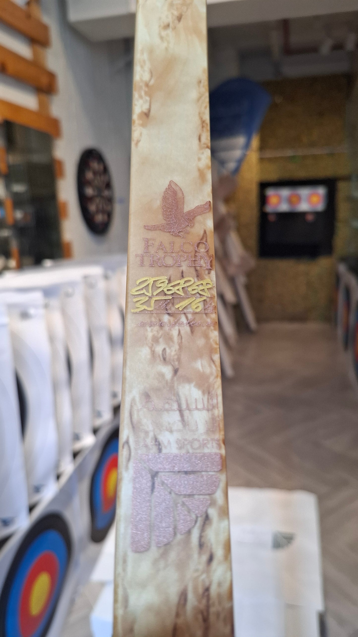 Falco Trophy Longbow (Curly Birch w/red flame overlay)